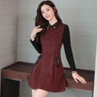 Collared Long Sleeve Patterned Panel Dress