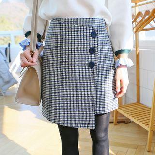 Houndstooth Wool Blend Asymmetric Wrap Skirt