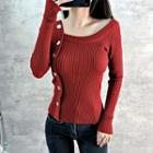 Long-sleeve Asymmetrical Knit Top Red - One Size