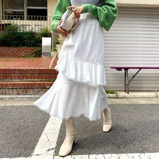 Deep-slit Ruffled Long Skirt