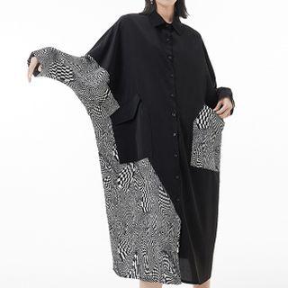 Long-sleeve Checkered Panel Midi Shirtdress