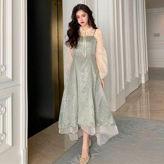 Sheer Ruffle Collar Blouse / Glitter Sleeveless Dress