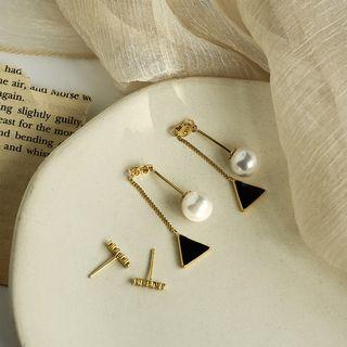 Faux Pearl Alloy Triangle Fringed Earring Gold & Black - One Size
