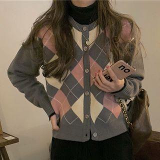 Argyle Knit Cardigan Argyle - Pink & Gray & White - One Size