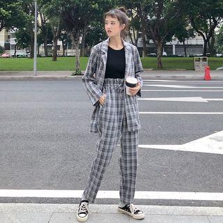 Set: Plaid Single Button Blazer + Crop Straight Fit Pants