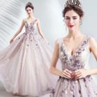 Sleeveless V-neck Embroidered A-line Evening Gown