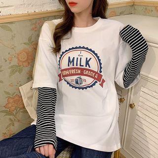 Mock Two-piece Print Striped Long-sleeve T-shirt