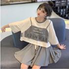 Set: 3/4-sleeve Mock Two-piece Letter T-shirt + Wide-leg Shorts