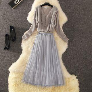 Set: Furry Ball Accent Sweater + Midi A-line Mesh Skirt