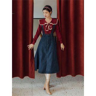 Lace Trim Bow Accent Sweater / Denim Midi Suspender Skirt / Set