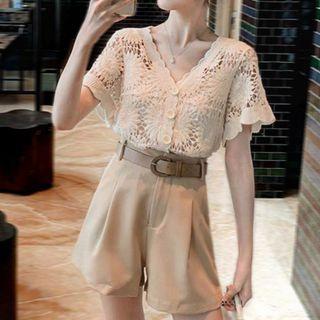 Set: Short-sleeve Crochet Lace Top + Shorts