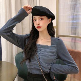 Square-neck Mesh Ruffle Knit Top