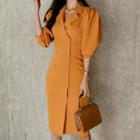 Notch Lapel Puff-sleeve Double-breasted Sheath Dress