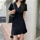 Short-sleeve Drawstring A-line Dress Black - One Size