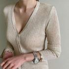 Linen Blend Rib Knit Cardigan Beige - One Size