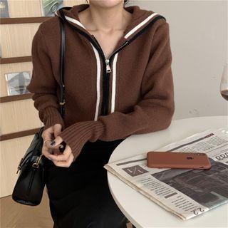 Color-block Knit Zip Hoodie Brown - One Size