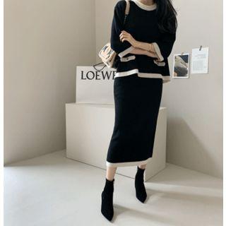 Set: Elbow-sleeve Contrast-trim Knit Top + Knit Skirt