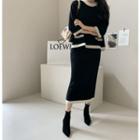 Set: Elbow-sleeve Contrast-trim Knit Top + Knit Skirt