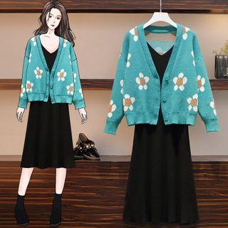 Set: Jacquard Cardigan + Spaghetti Strap Midi A-line Knit Dress