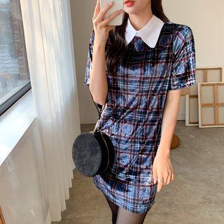 Short-sleeve Plaid Velvet Minidress