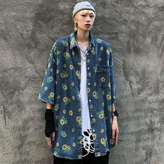 Elbow-sleeve Floral Denim Shirt