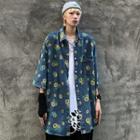 Elbow-sleeve Floral Denim Shirt