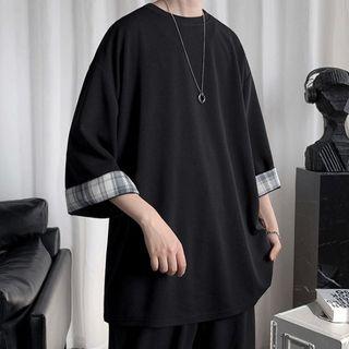 3/4-sleeve Plaid Trim T-shirt