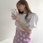 Plain Puff-sleeve Knit Top / Flower Printed Slim-fit Midi Skirt