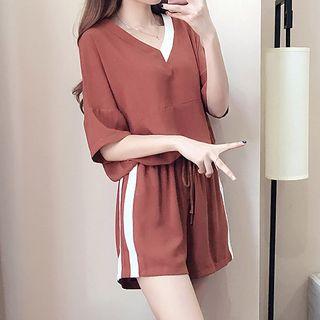Set: Contrast-trim Top + Drawstring-waist Shorts