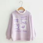 Frill-trim Cat Print Sweater Violet - One Size