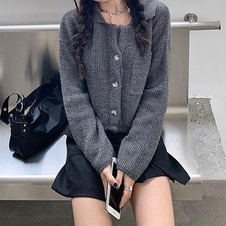 Lapel Plain Long-sleeve Crop Knitted Top
