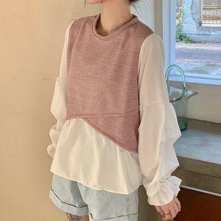 Mock Two-piece Long-sleeve Cross-front Top