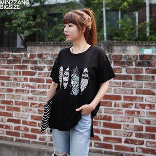 Short-sleeve Feather Print Knit Top
