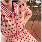 Set: Heart Print Short-sleeve Slim-fit Knit Top + Skirt Red - One Size