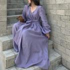 Balloon-sleeve V-neck Maxi A-line Dress Purple - One Size