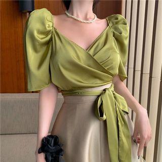 Puff-sleeve Tie-waist Cropped Blouse / Midi A-line Skirt