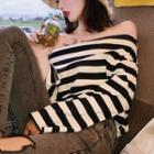 Long-sleeve Off-shoulder Striped Top As Shown In Figure - One Size