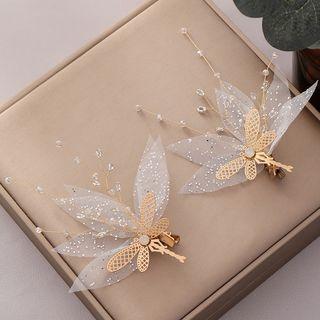 Set Of 2: Rhinestone Butterfly Hair Clip 1 Pair - White & Gold - One Size