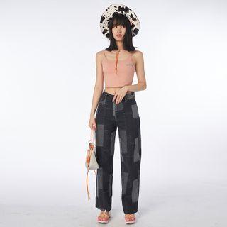 High-waist Washed Two Tone Straight-cut Jeans