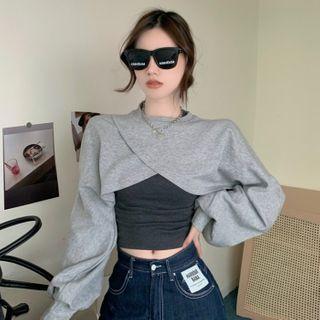 Plain Camisole / Long-sleeve Asymmetric Cropped Top