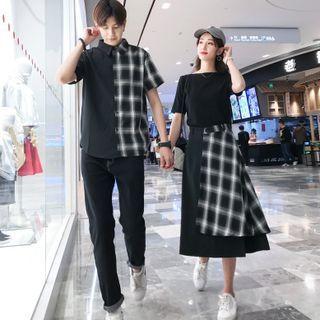 Couple Matching Short-sleeve Plaid Panel Shirt / Midi Skirt / Short-sleeve Plain T-shirt