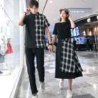 Couple Matching Short-sleeve Plaid Panel Shirt / Midi Skirt / Short-sleeve Plain T-shirt