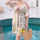 Set: Tankini Top + Swim Shorts + Floral Coverup Dress