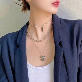 Heart Cross Pendant Layered Alloy Choker Necklace 1 Piece - Necklace - Silver - One Size
