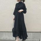 Mock-neck Ruffle Hem Midi A-line Dress Black - One Size