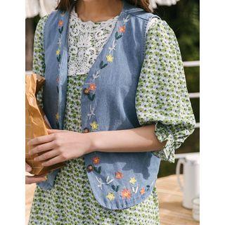 Floral Embroidered Denim Vest Light Blue - One Size