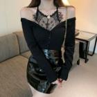 Plain Lace Top / Plain V-neck Single-breasted Slim-fit Long-sleeve Knit Top / Plain Faux Leather Slim-fit High-waist Skirt