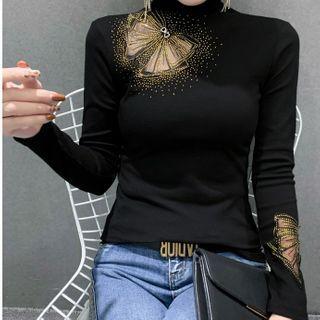 Turtleneck Long-sleeve Bow T-shirt