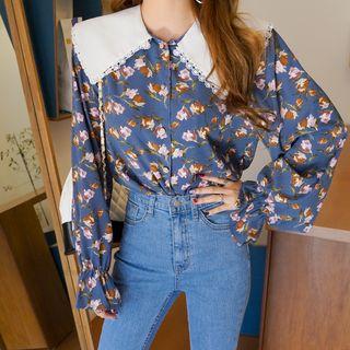 Wide-collar Floral Print Blouse