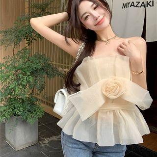 Flower Accent Mesh Tube Top Almond - One Size